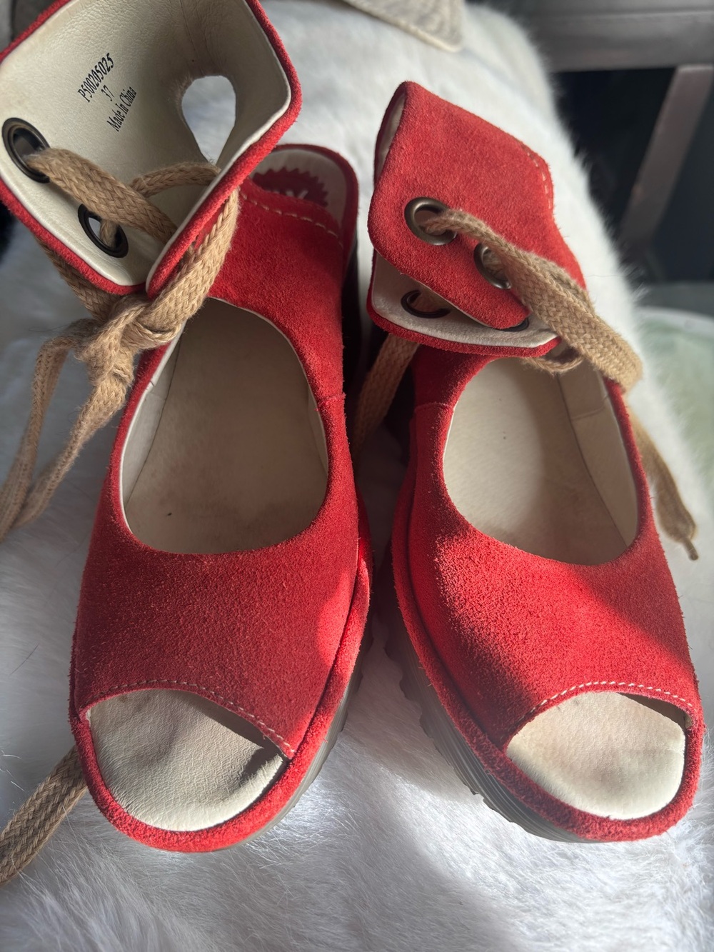 Fly London Red Suede Peep-Toe Lace-Up Sandals 37 =7 -7.5